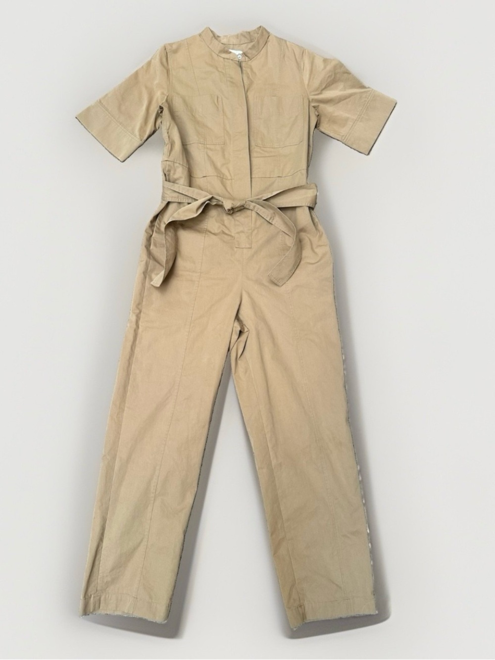 COS Women Size 2 Utility Jumpsuit Short Sleeve Tie Waist Tan Cotton Nylon Camel